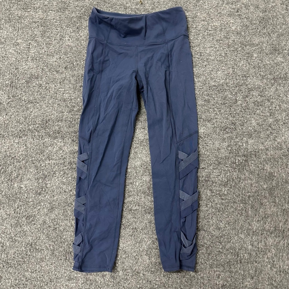 Athleta Leggings Womens Size XS Navy Blue Lattice Strappy High Rise Yoga Crop